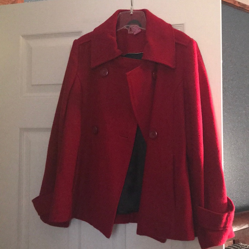 Girls red pea coat with pockets